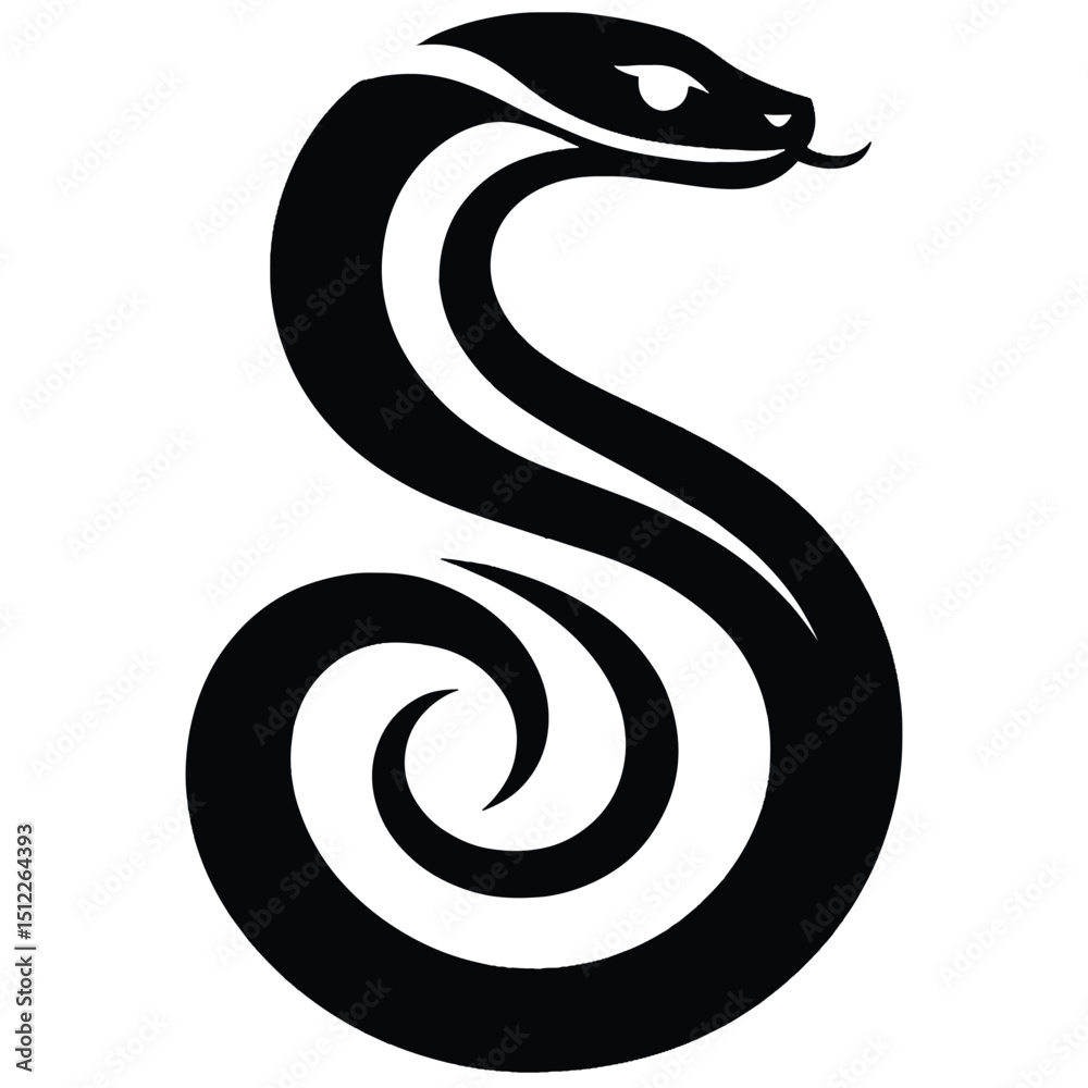 Fototapeta premium Black stylized snake coiled with forked tongue
