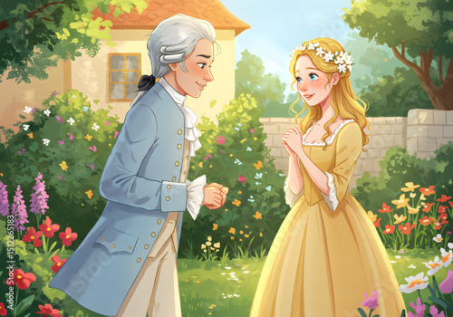 A romantic children's book scene capturing the moment Wolfgang Amadeus Mozart meets Constanze Weber and falls in love at first sight. Their eyes meet and they both smile shyly.