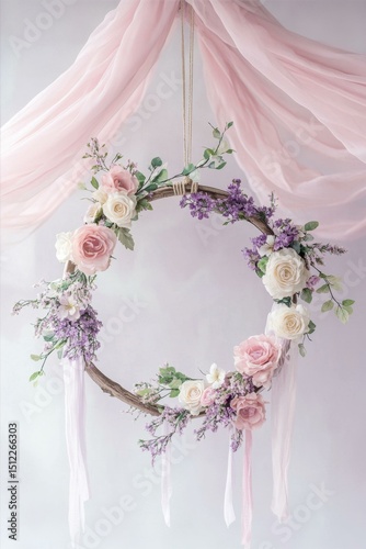 Floral Hoop Wreath Arrangement with Pink and White Roses Hanging Beneath Soft Fabric Drape