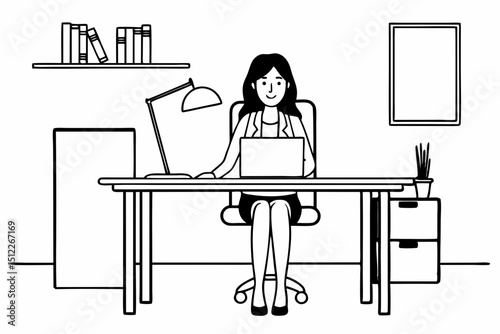 Brunette mid aged asian businesswoman sitting at the office and using laptops for work. Confident professional female wearing business casual