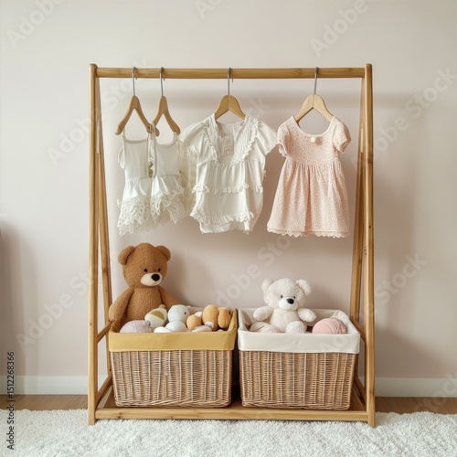 Rustic Nursery Decor with Teddy Bears Dresses and Baskets on Rack Interior Design Photo Shoot