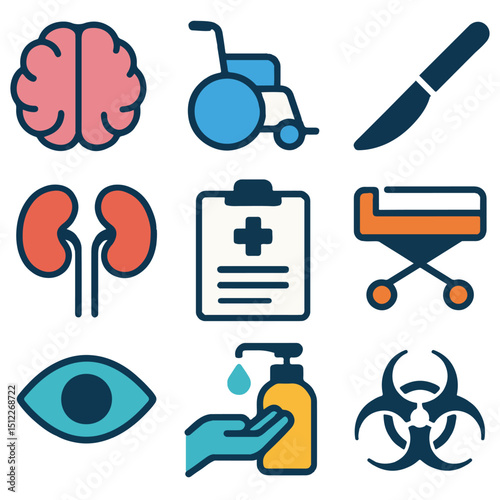Medical icons Brain wheelchair scalpel kidneys chart gurney eye sanitizer biohazard symbol