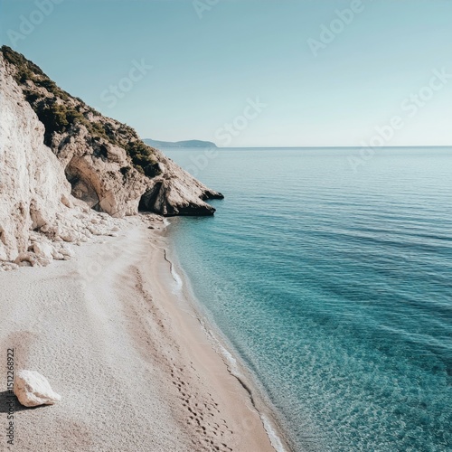 Serene Beach Scenery With Cliffside Rock Formation and Calm Turquoise Ocean Under Clear Blue Sky