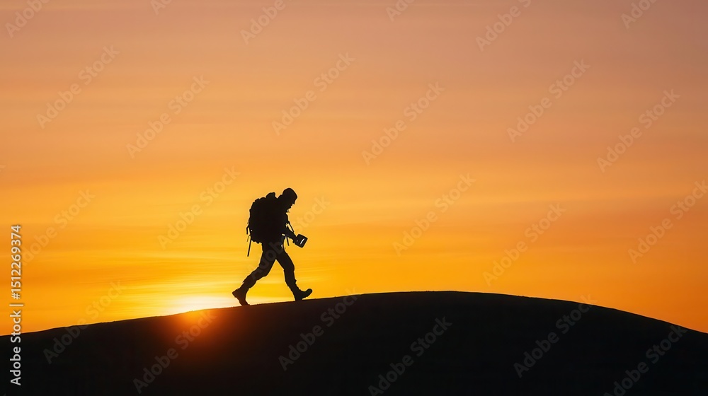 Silhouette of nomad with glowing device walking into sunrise, metaphor for freedom Silhouette of nomad with glowing device walking into sunrise, metaphor for freedom