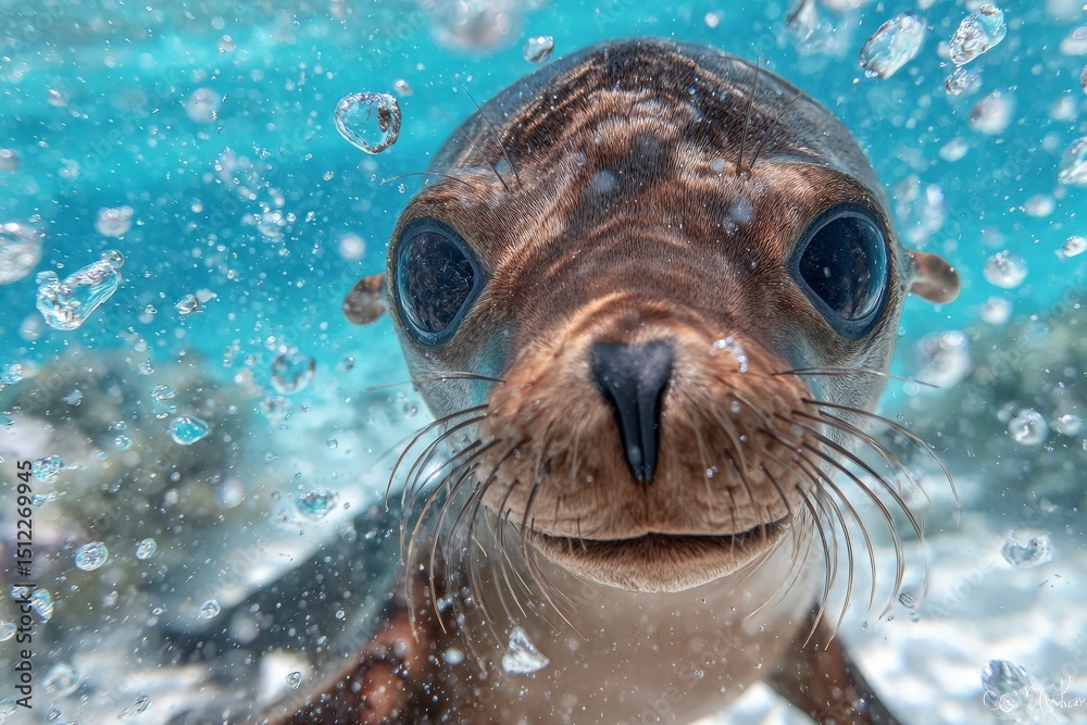 Fototapeta premium In the ocean, an amusing sea lion can be found swimming underwater, which matches an animal theme