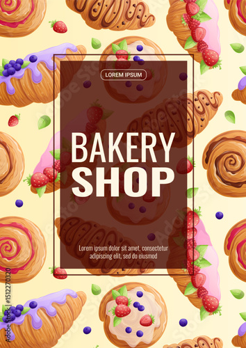 A design template for a bakery flyer. Various types of sweet rolls and croissants. The concept of confectionery, cooking, baking. A4 vector illustration for posters and banners
