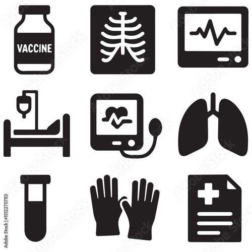 Assorted medical icons are arranged in a 3x3 grid showcasing healthcare elements