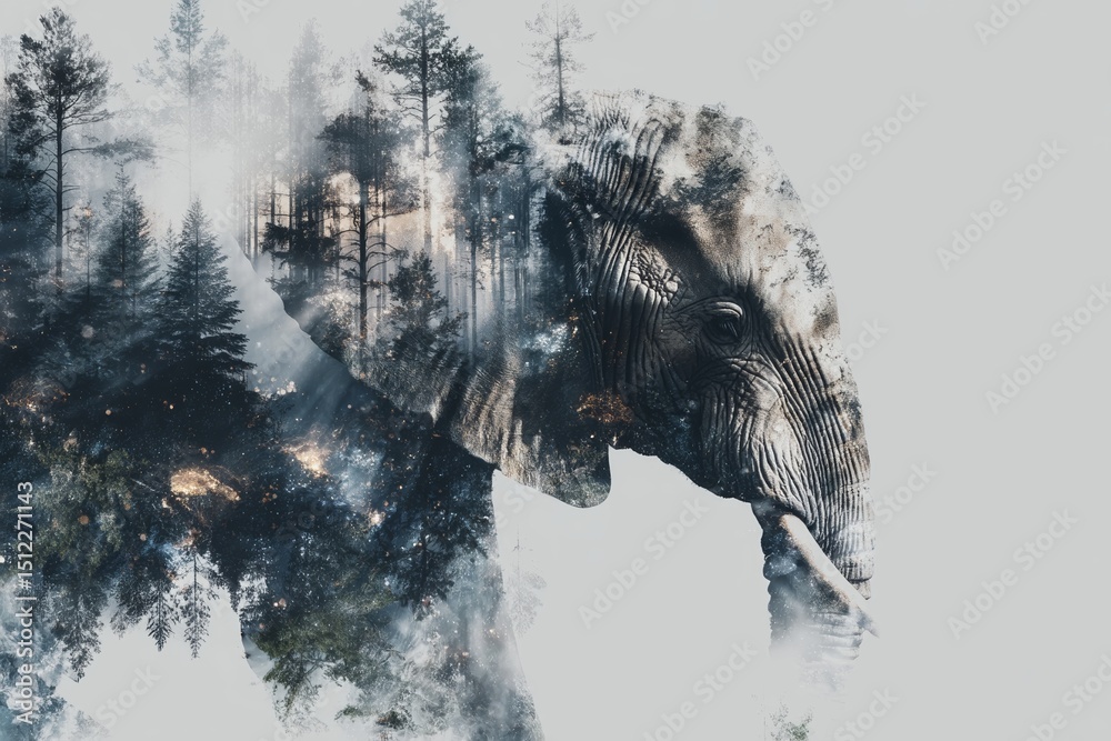 Obraz premium The double exposure effect features an elephant walking amidst a lush green jungle on World Wildlife Day