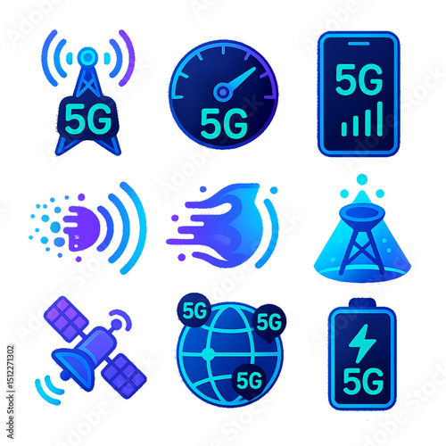 Futuristic 5G Signal Icon Set – Neon Tech Connectivity Symbols