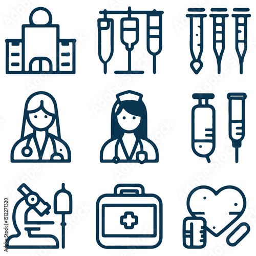 Medical icons hospital IV crutches doctors syringes microscope first aid kit heart with pills