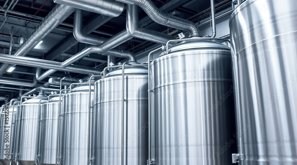 Rows of large stainless steel tanks for storing and processing milk. Pipes and ducts are visible for transporting materials throughout the plant. Rows of large stainless steel tanks for storing and processing milk. Pipes and ducts are visible for transporting materials throughout the plant.