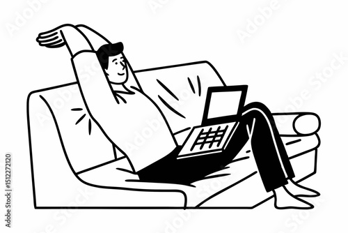 Businessman in casual is sitting comfortable sofa to stretching his arms and shoulder pain from office syndrome while using laptop to working and typing information business project at home