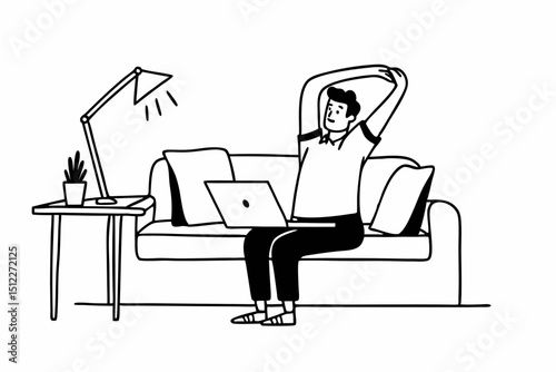 Businessman in casual is sitting comfortable sofa to stretching his arms and shoulder pain from office syndrome while using laptop to working and typing information business project at home