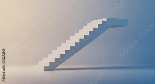 Minimalistic white stairway against a soft gradient background representing a stairway to nowhere