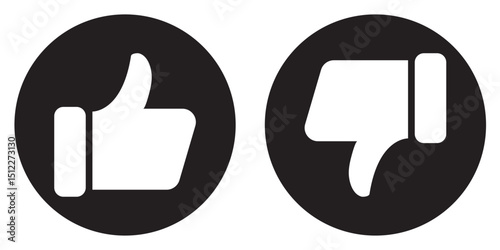 Thumbs up and thumbs down vector symbol in circles. Like, and dislike icon on black circle. Hand thumb up and down concept.
