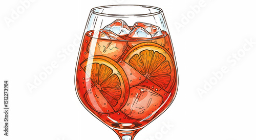 Illustration of a vibrant Spritz cocktail with ice and orange slices on a white background