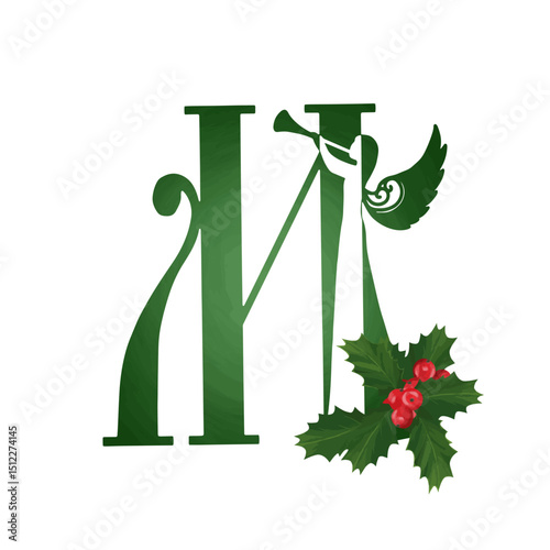 Christmas angel family monogram. Letter M on white background