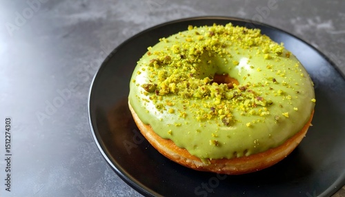 pistachio glazed donut on a black ceramic plate, space for copy