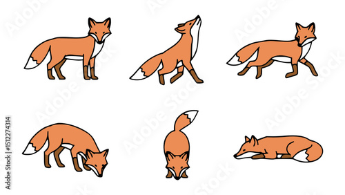 A set of cartoon foxes in various poses and actions, highlighting their dynamic movements and distinctive features. 
