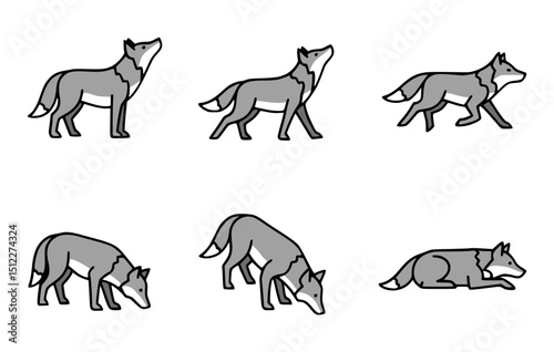 Wolves in Different Poses, Depicted in Black and White