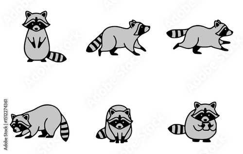 A series of cartoon raccoon poses on a clean background. Each raccoon is depicted with distinctive expressions and gestures
