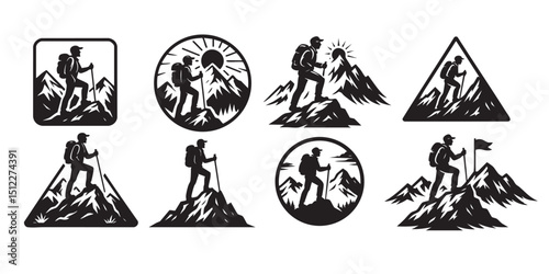 Hiker on mountain peak silhouette set vector illustration
