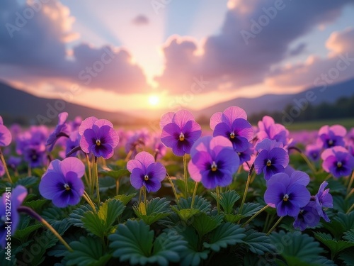 Vibrant purple pansies blooming at sunrise in serene natural landscape.