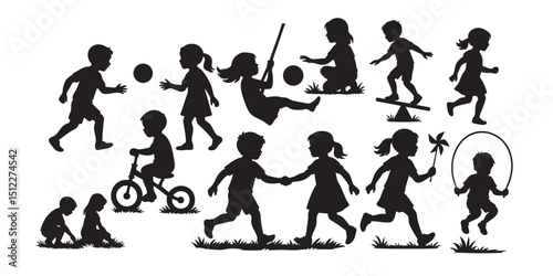 Children playing silhouette set vector illustration