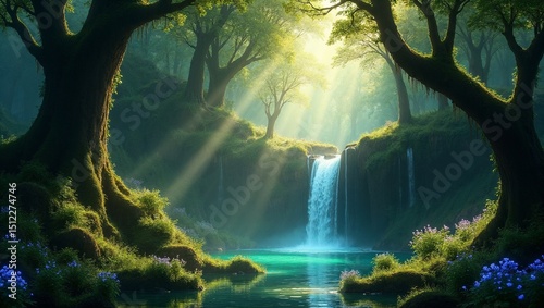 Submerged ancient ruins on the ocean floor, bathed in shafts of sunlight filtering through the water