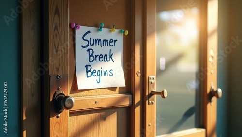 Summer Break Begins Notice on School Door, Close-Up photo