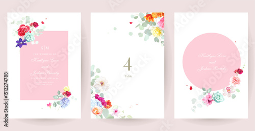 Bright spring vector flower design cards. Colorful wedding invitations with bright flowers and greenery. Tulips, roses, orchid, clematis, hiacynth, peony, carnation, flying petals and leaves. Isolated