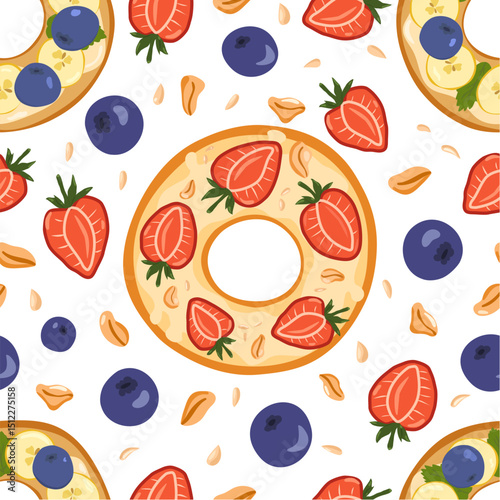 Bright seamless vector pattern with sweet bagel and berry. Donut with cream and strawberry and blueberry, cereals. Summer food.