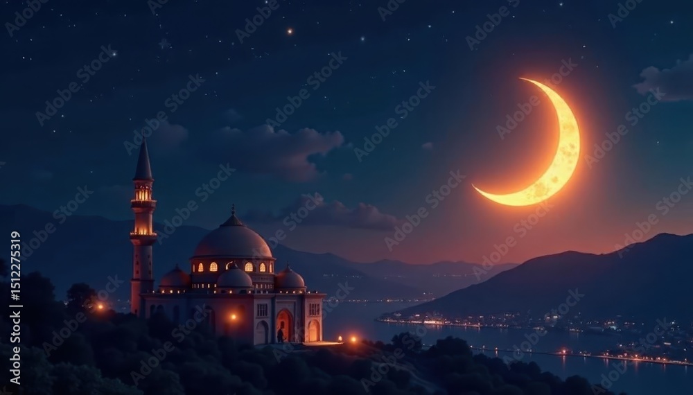 Obraz premium Golden crescent moon hangs low, casting a serene glow on a quiet Ramadan night , crescent, tradition