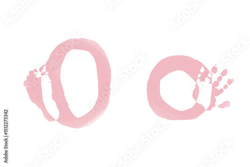 Newborn foot and hand prints. Family monogram, letter O on white background