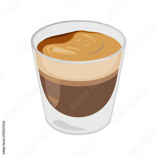 Vector illustration of a frothy espresso shot with deep brown crema on white background