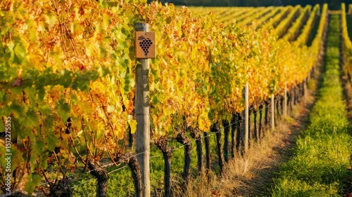 Autumn vineyard with colorful grapevines in rows and vine sign photo