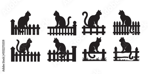 Cat sitting on fence  silhouette set vector illustration