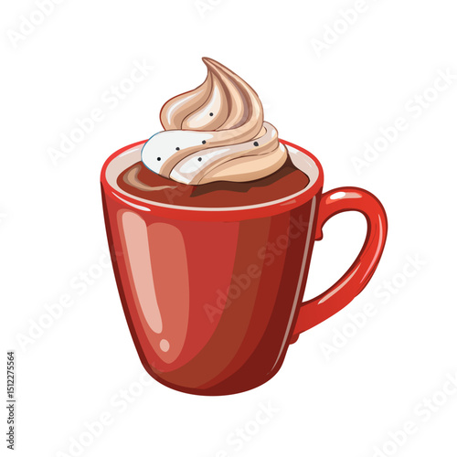 Vector illustration of a rich and velvety hot chocolate with whipped cream on white background
