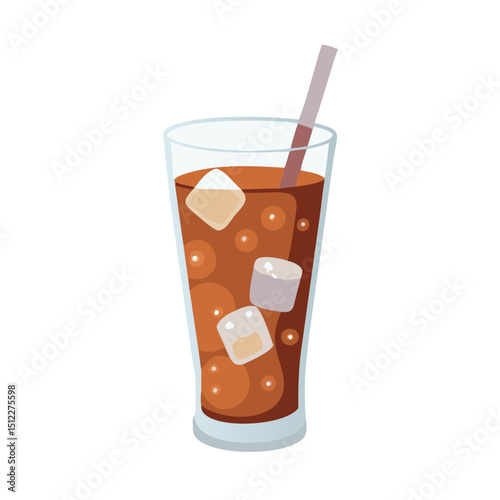 Vector illustration of a tall and fizzy soda with ice cubes on white background
