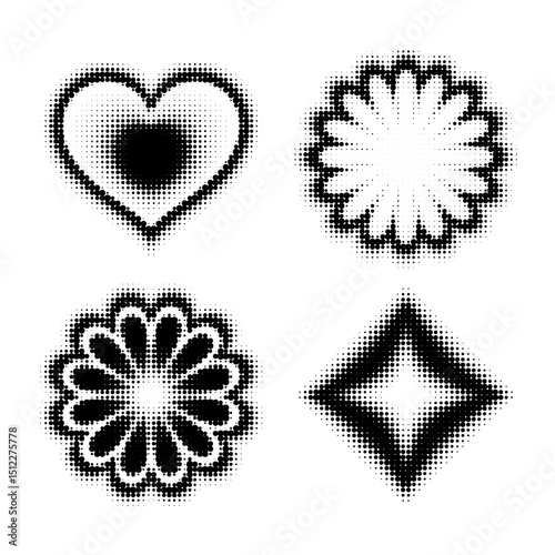 Halftone geometric icon set in black on a white background. Abstract shapes hearts, flowers, stars, with a retro pixelated dot pattern. Perfect for modern, minimal, and Y2K inspired designs.