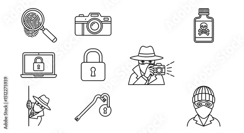 Black and White Pixel Art Icons of Spy Investigation