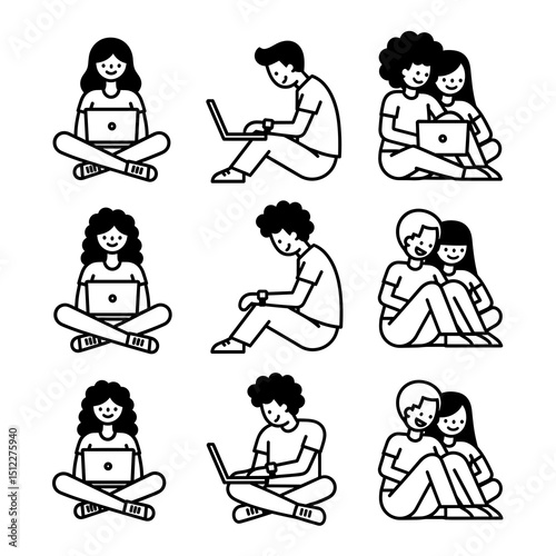 Black and White Line Art Illustration of People Using Laptops