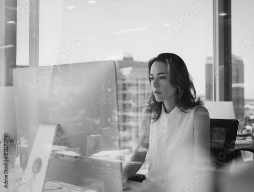 Black and white photo of a businesswoman concentrating on her computer screen in a bright, modern office overlooking the city photo