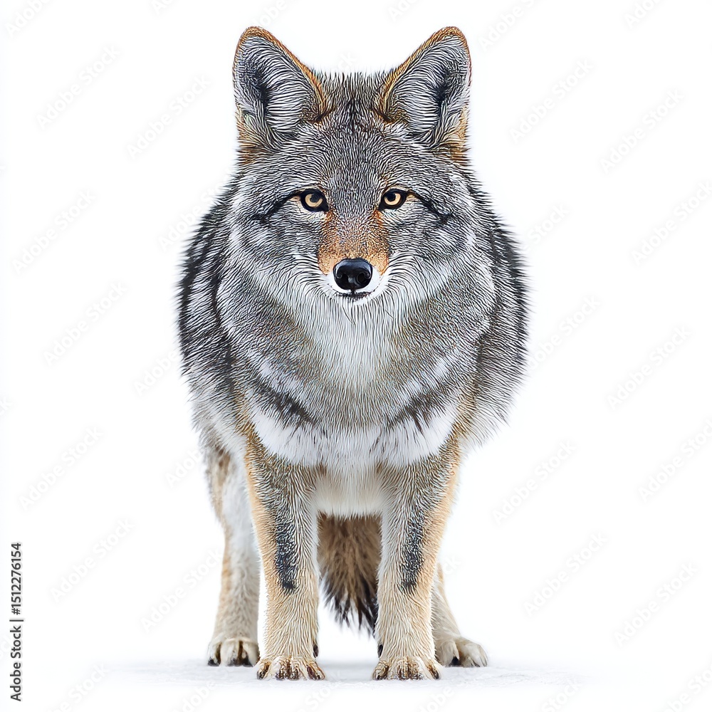 Obraz premium A coyote standing alone on a pure white background showcases its curious disposition and special characteristics, which are well-suited for designs centered around wildlife