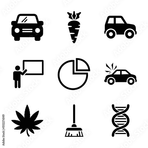 Collection of Black and White Glyph Icons: Cars, Carrot, Chart, Accident, Cannabis, Broom, and DNA