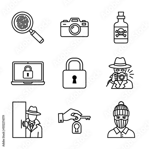 Line Art Icons of Detective Investigation Tools and Symbols