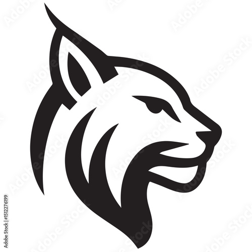 A bold monochrome bobcat head is displayed in profile with sharp angles and a stylized appearance