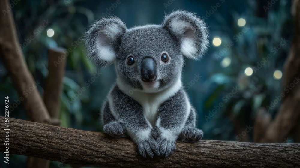 Fototapeta premium A blurred background sets the scene for a koala resting on a branch in a zoo enclosure, where wildlife conservation efforts are underway
