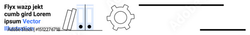 Bookshelf with documents, gear icon representing process or settings, and three horizontal text lines. Ideal for workflow management, productivity, business processes, education, planning, digital