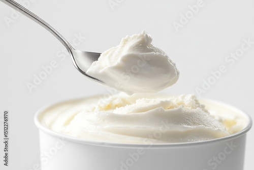 A clean and detailed image showing a spoon lifting a generous scoop of vanilla ice cream from an open container, highlighting the creamy texture